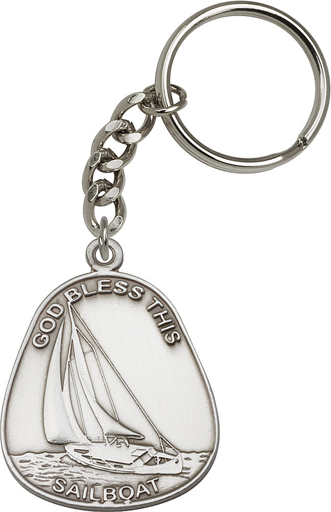 God Bless This Sailboat Keychain - Silver Oxide