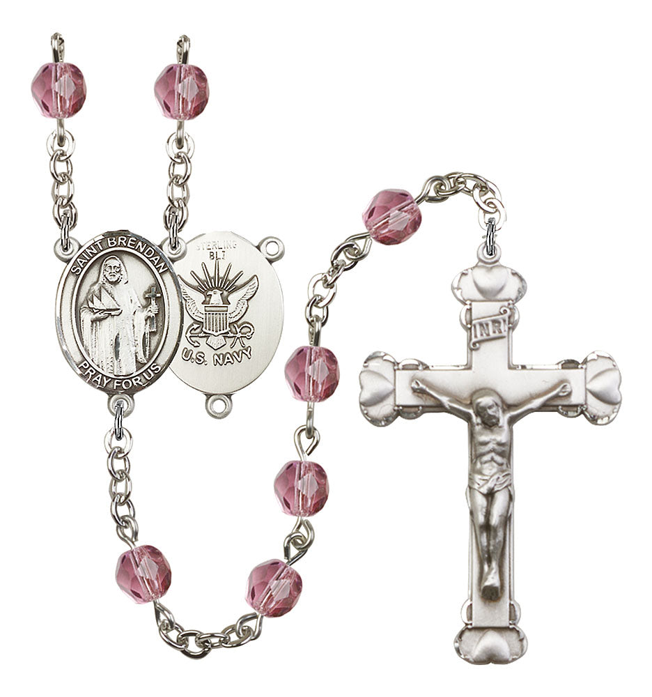 St. Brendan the Navigator / Navy Custom Birthstone Rosary - Silver