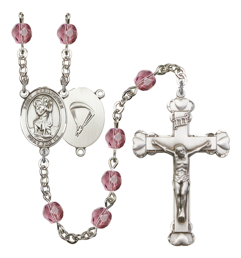 St. Christopher / Paratrooper Custom Birthstone Rosary - Silver