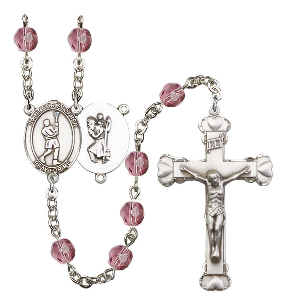 St. Christopher / Lacrosse Custom Birthstone Rosary - Silver