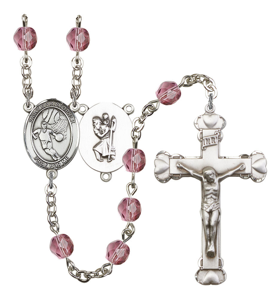 St. Christopher / Basketball Custom Birthstone Rosary - Silver