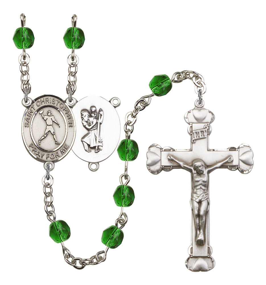 St. Christopher / Football Custom Birthstone Rosary - Silver