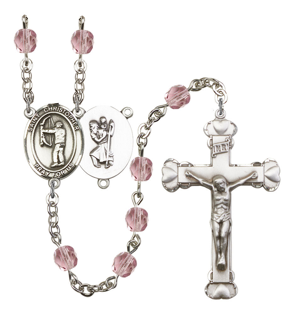 St. Christopher / Archery Custom Birthstone Rosary - Silver