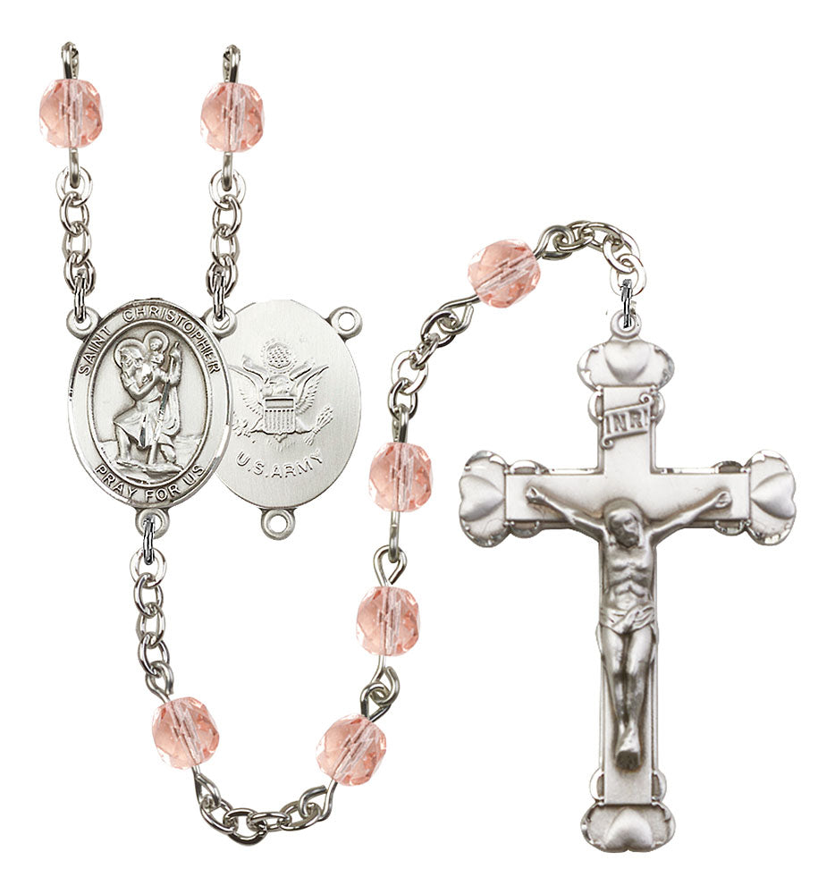 St. Christopher / Army Custom Birthstone Rosary - Silver
