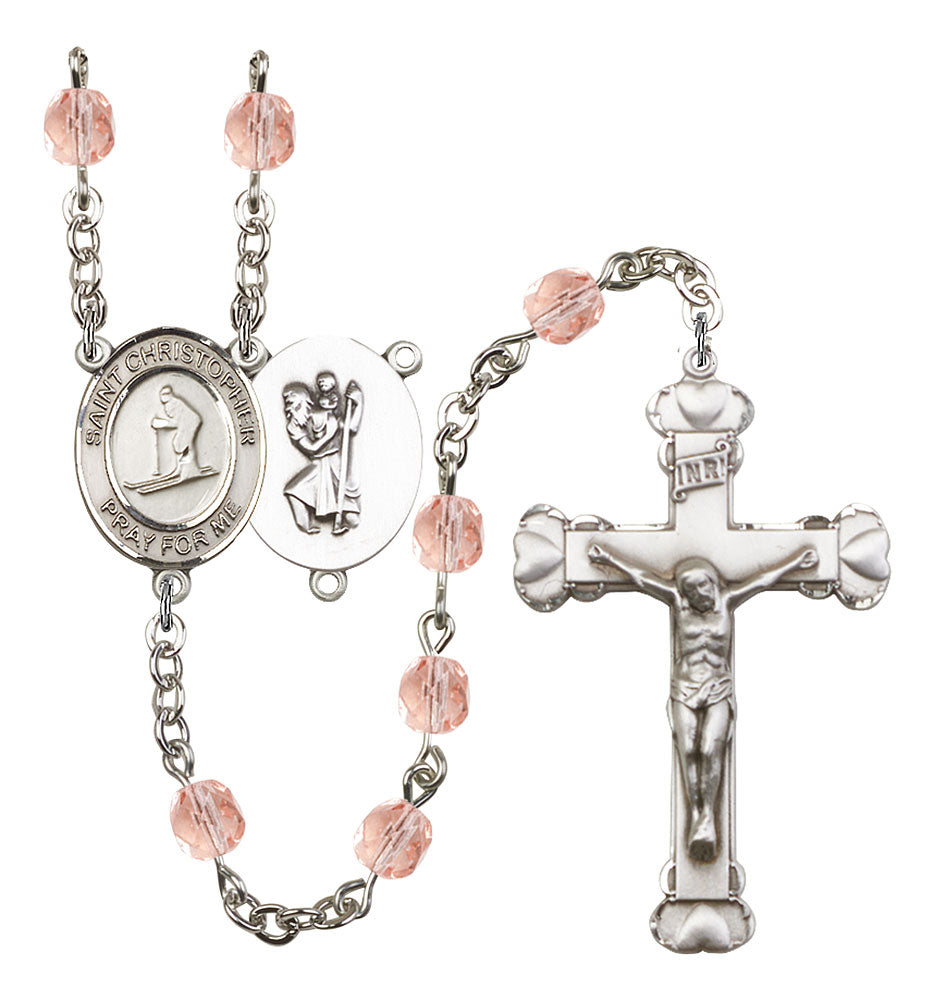 St. Christopher / Skiing Custom Birthstone Rosary - Silver