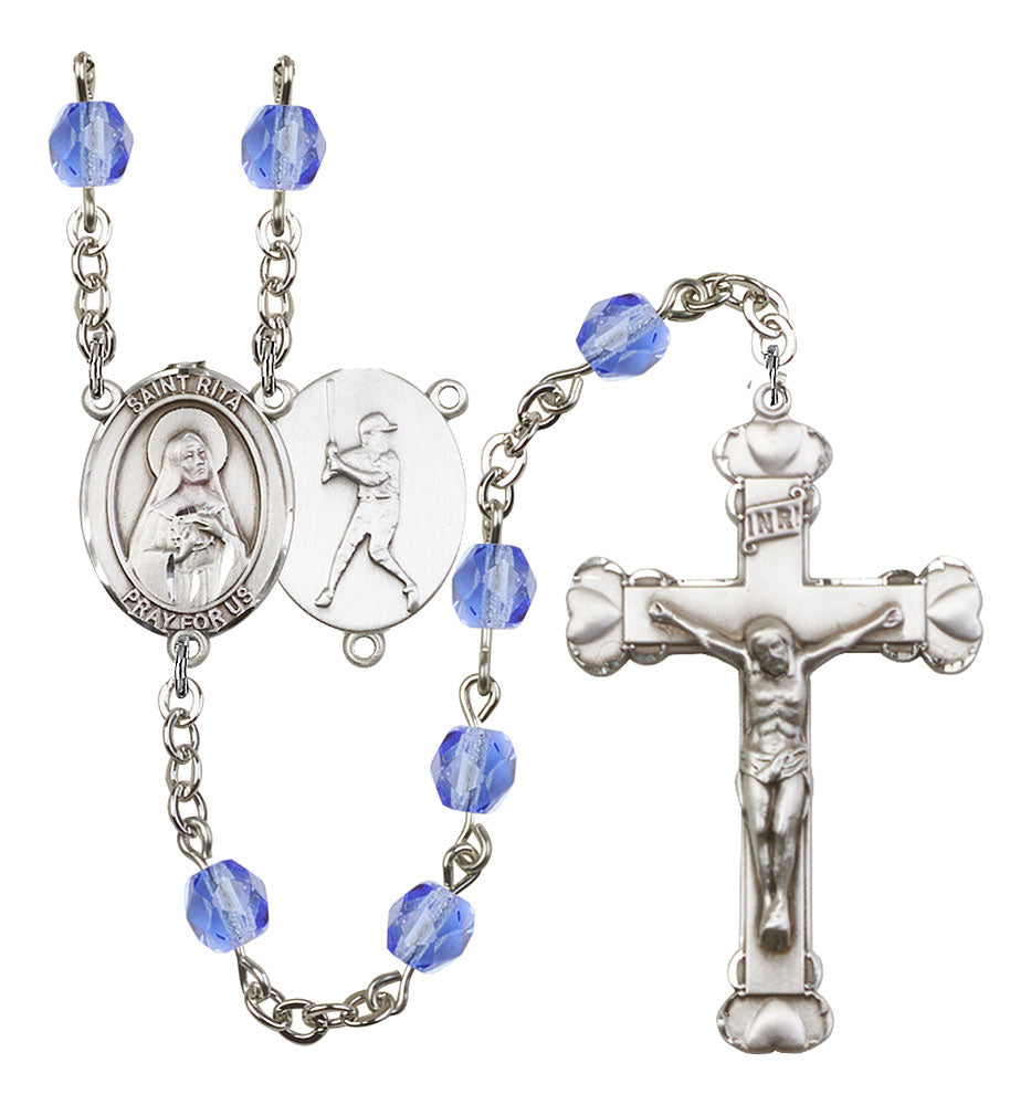 St. Rita of Cascia / Baseball Custom Birthstone Rosary - Silver