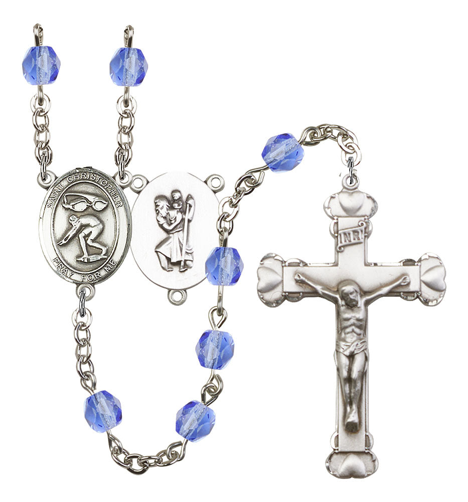 St. Christopher / Swimming Custom Birthstone Rosary - Silver