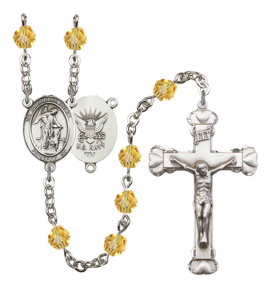 Guardian Angel / Navy Custom Birthstone Rosary - Silver