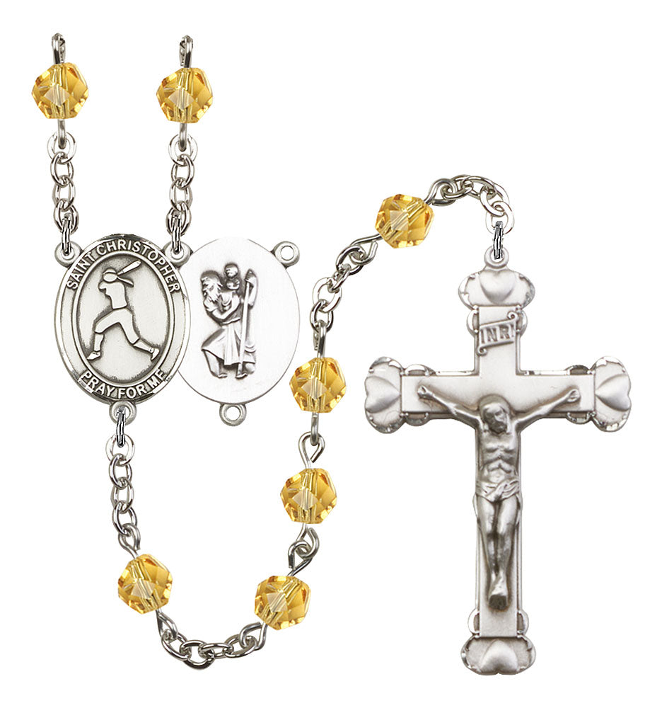 St. Christopher / Softball Custom Birthstone Rosary - Silver