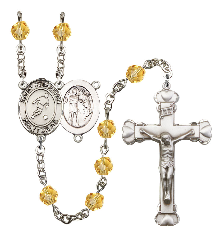 St. Sebastian / Soccer Custom Birthstone Rosary - Silver