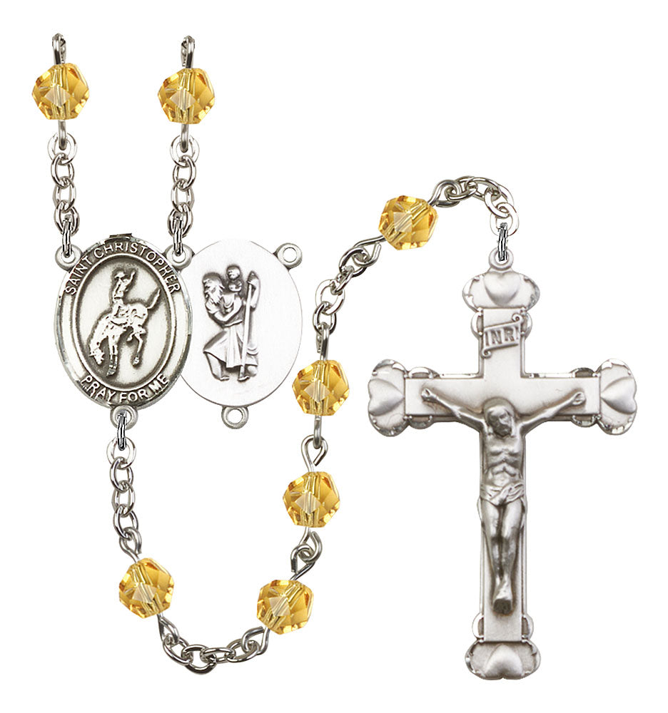St. Christopher / Rodeo Custom Birthstone Rosary - Silver