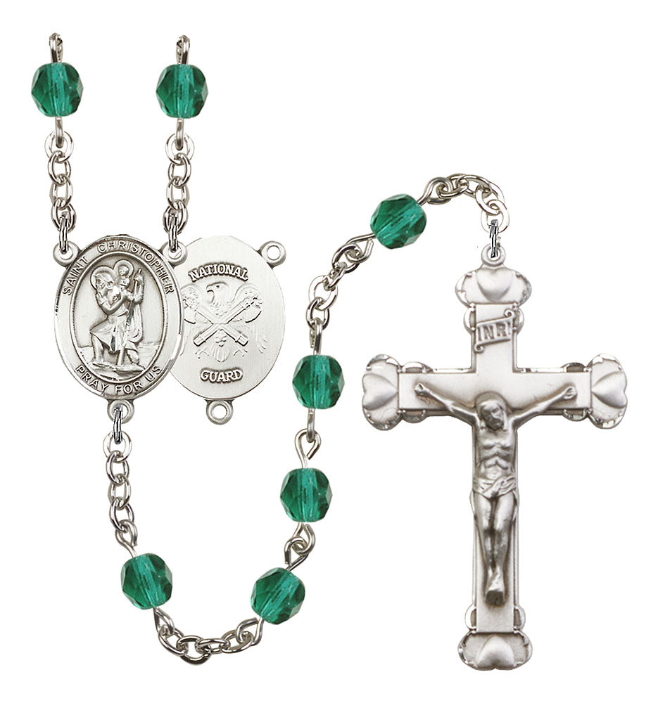 St. Christopher / Nat'l Guard Custom Birthstone Rosary - Silver