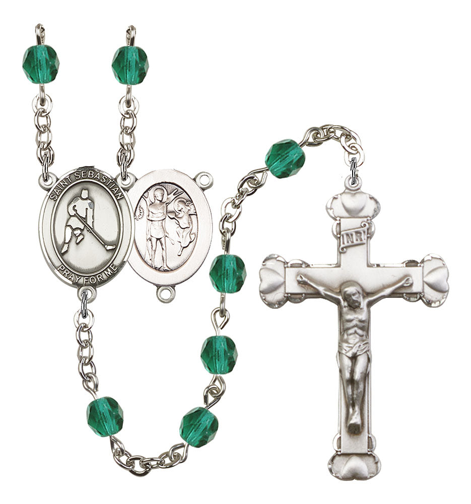 St. Sebastian / Ice Hockey Custom Birthstone Rosary - Silver