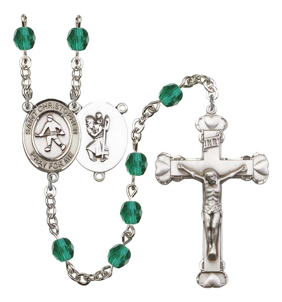 St. Christopher / Field Hockey Custom Birthstone Rosary - Silver