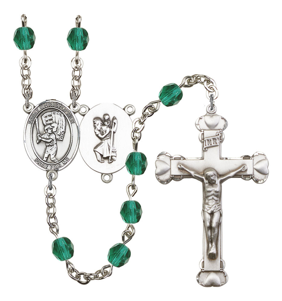 St. Christopher / Baseball Custom Birthstone Rosary - Silver