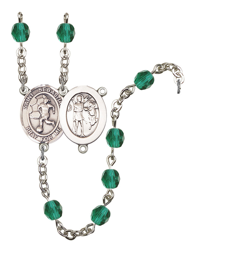 St. Sebastian / Women's Soccer Custom Birthstone Rosary - Silver