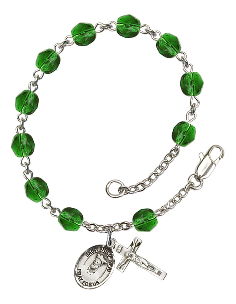 St. Philip Neri Custom Birthstone Rosary Bracelet - Silver