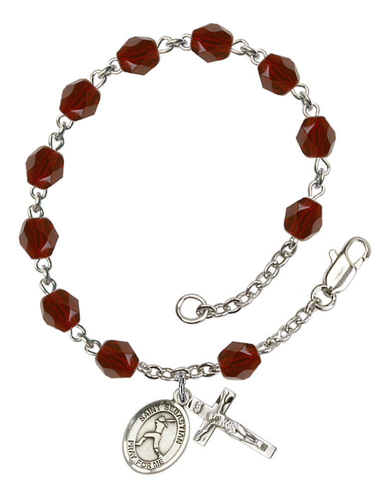 St. Sebastian / Softball Custom Birthstone Rosary Bracelet - Silver