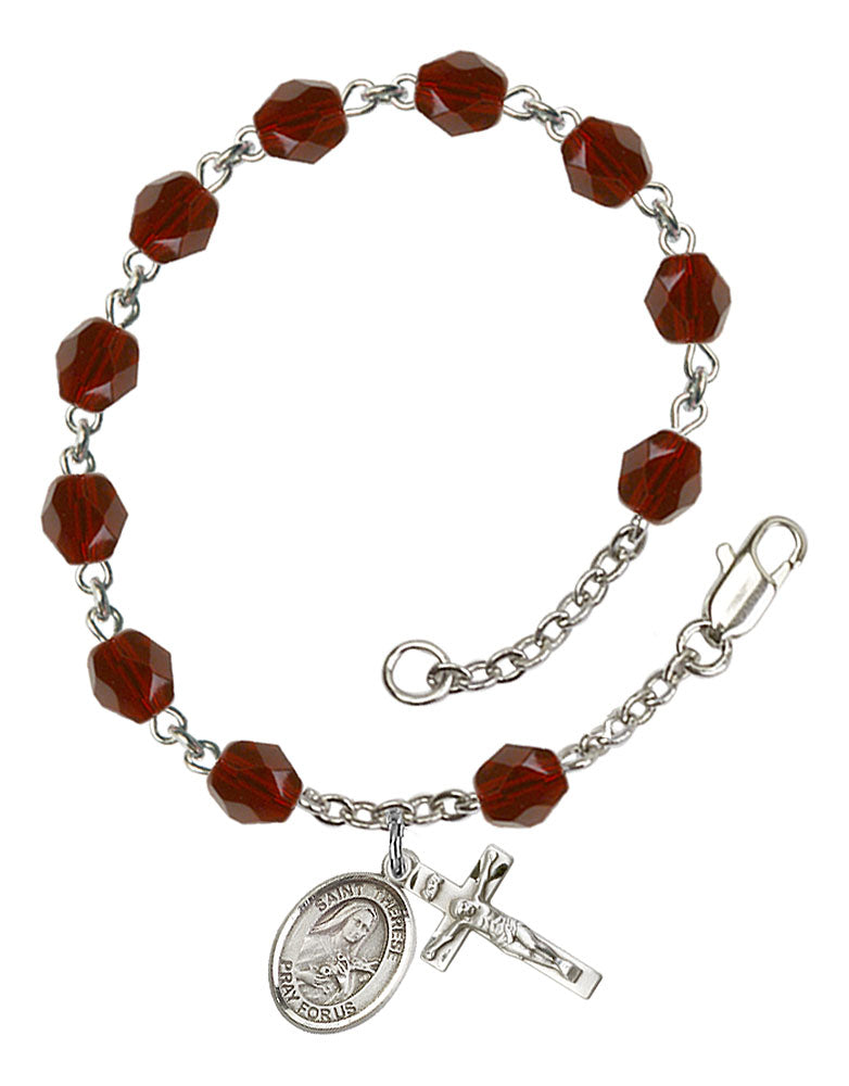 St. Therese of Lisieux Custom Birthstone Rosary Bracelet - Silver