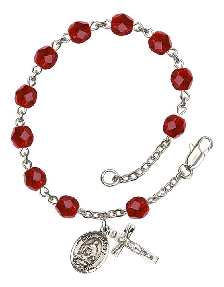 St. Charles Borromeo Custom Birthstone Rosary Bracelet - Silver