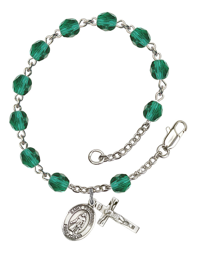 St. Peregrine Laziosi Custom Birthstone Rosary Bracelet - Silver